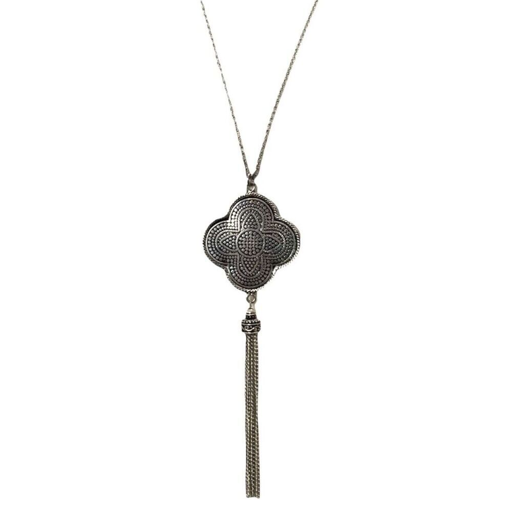 Jingle & Joy Necklace Quatrefoil Tassel Pendant Silver Tone 32in Rope Chain